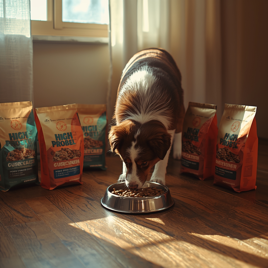 Active dog eating high-protein dog food from a bowl