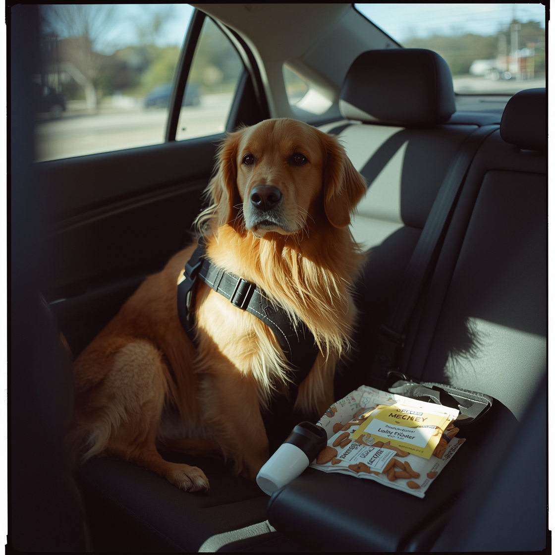Golden retriever wearing dog seat belt in car back seat