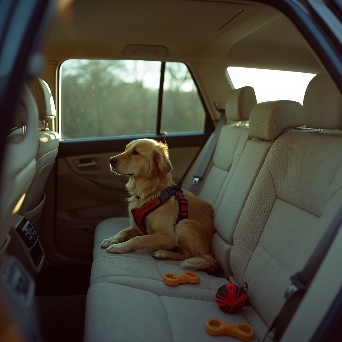 Golden retriever safely buckled in car with dog seat belt