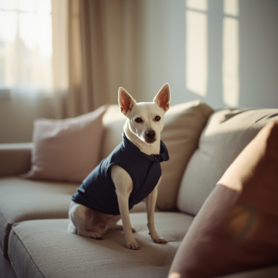 Small dog in anxiety vest sitting on a couch indoors