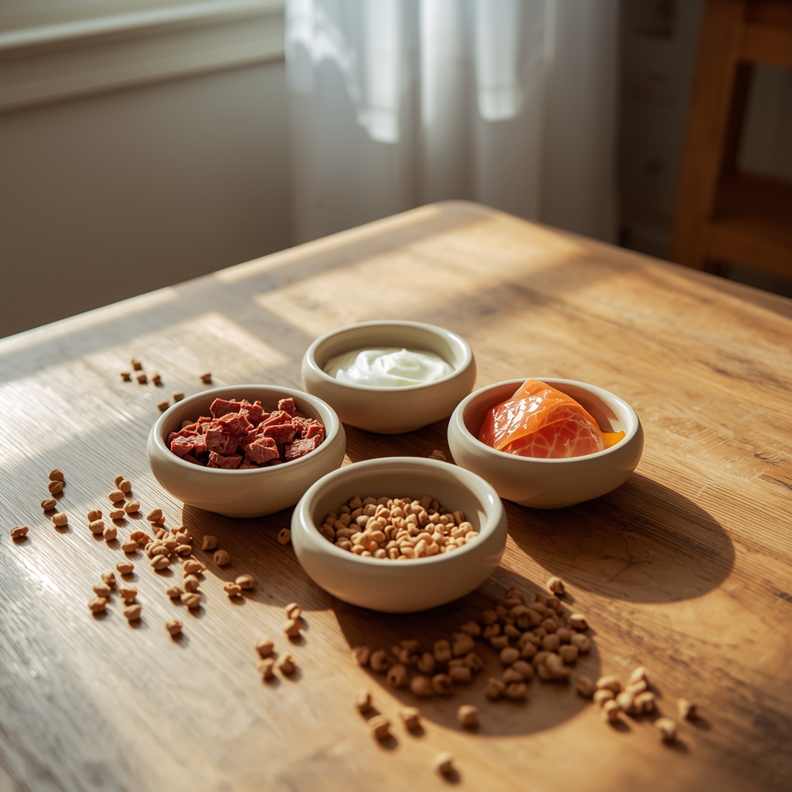 Five small bowls of dog food topper on a wooden table