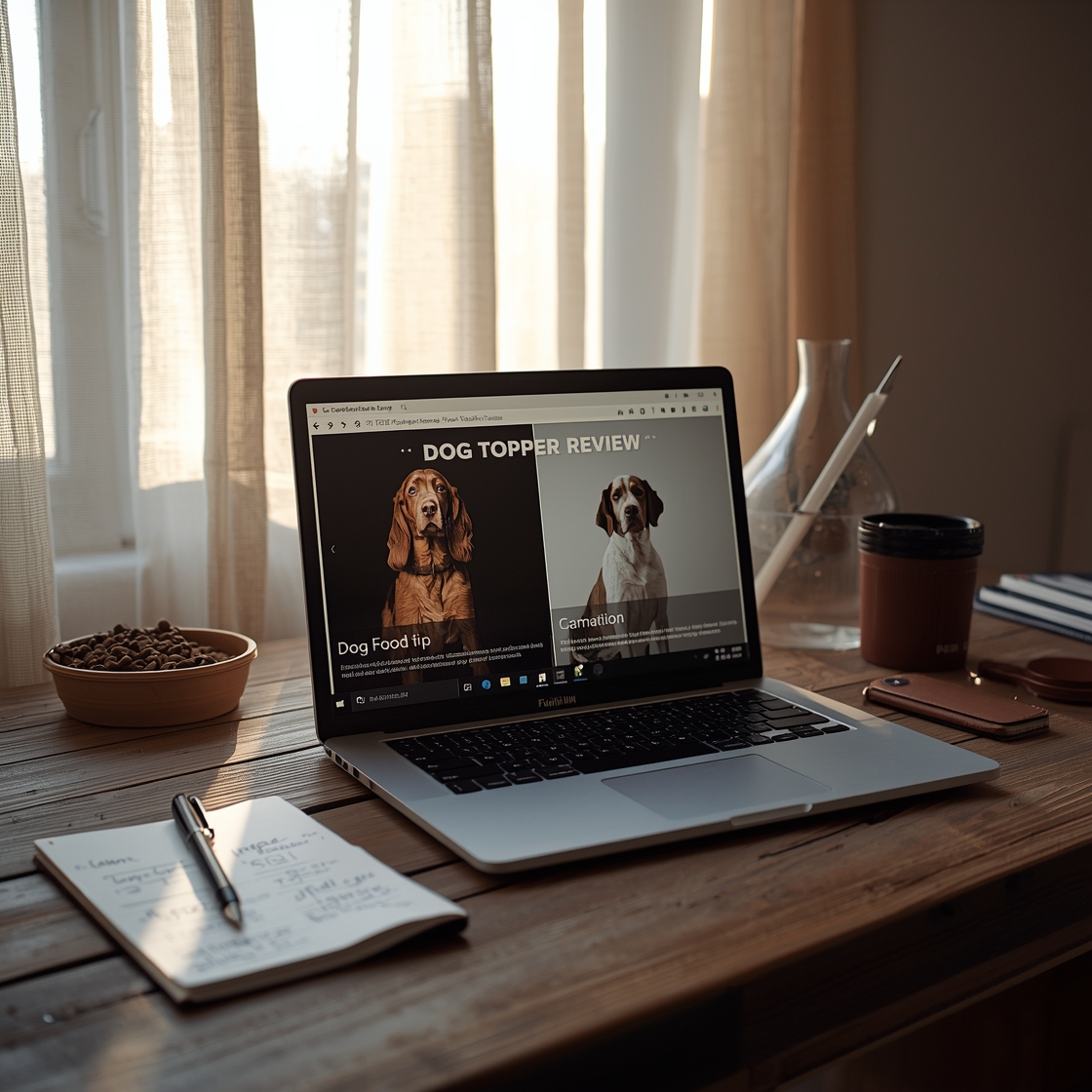 Comparison chart for dog food topper reviews on a wooden desk