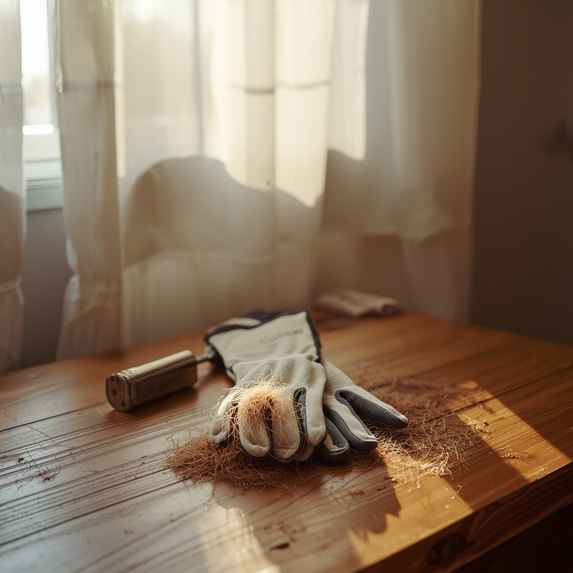 Pet grooming gloves on a wooden table with dog hair