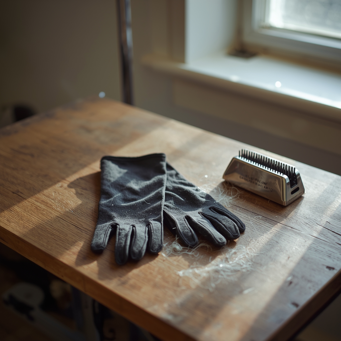 Pet grooming gloves on a wooden table with dog hair