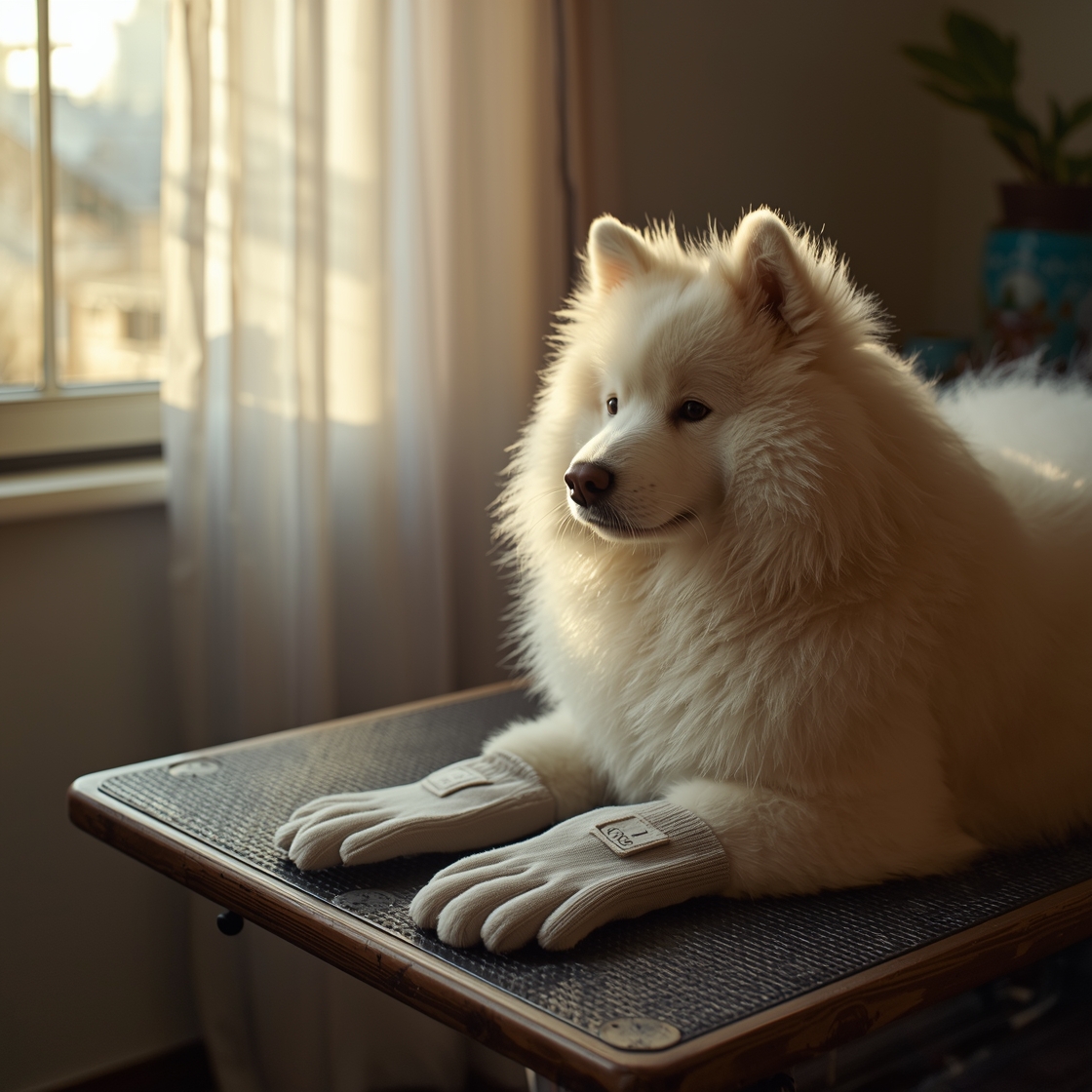 Delomo Pet Grooming Gloves on a wooden table next to a fluffy Samoyed