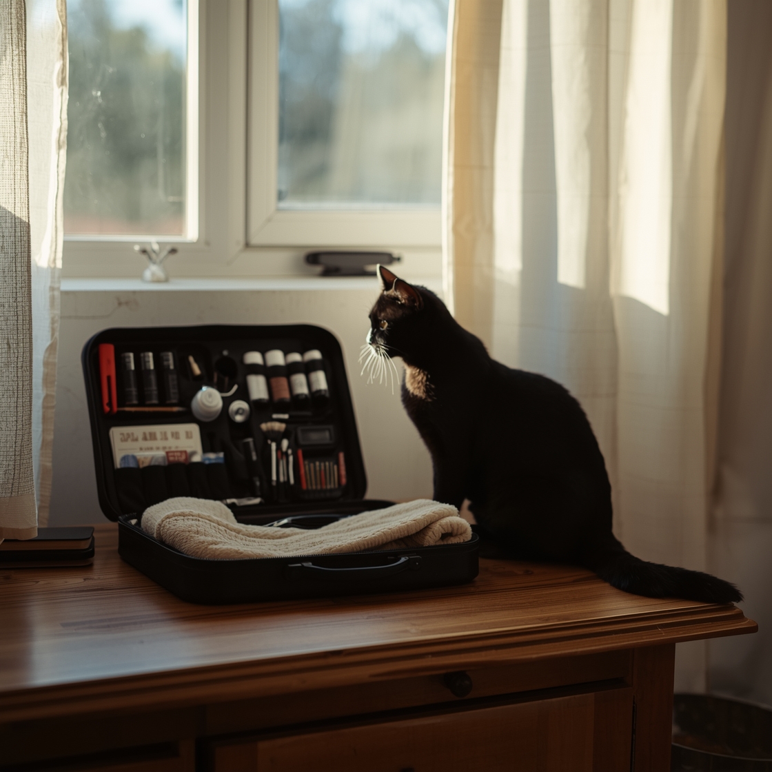 Cat grooming kit on wooden table with black cat nearby