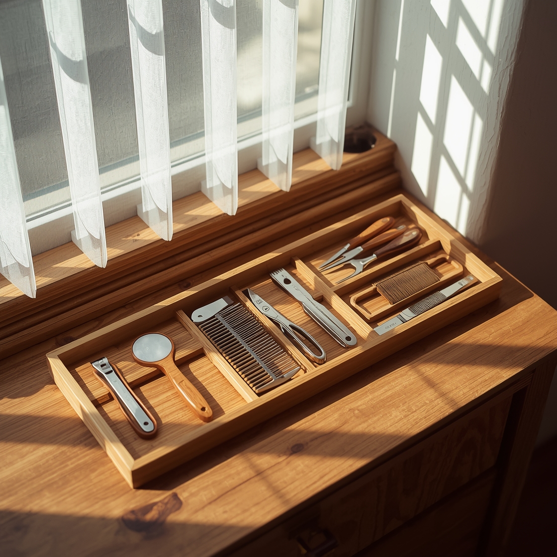 Five cat grooming kits on a wooden table by a sunny window