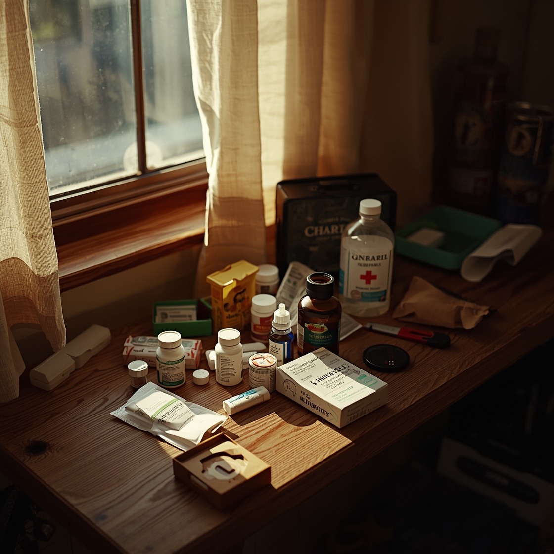 Pet first aid kit supplies on a wooden counter