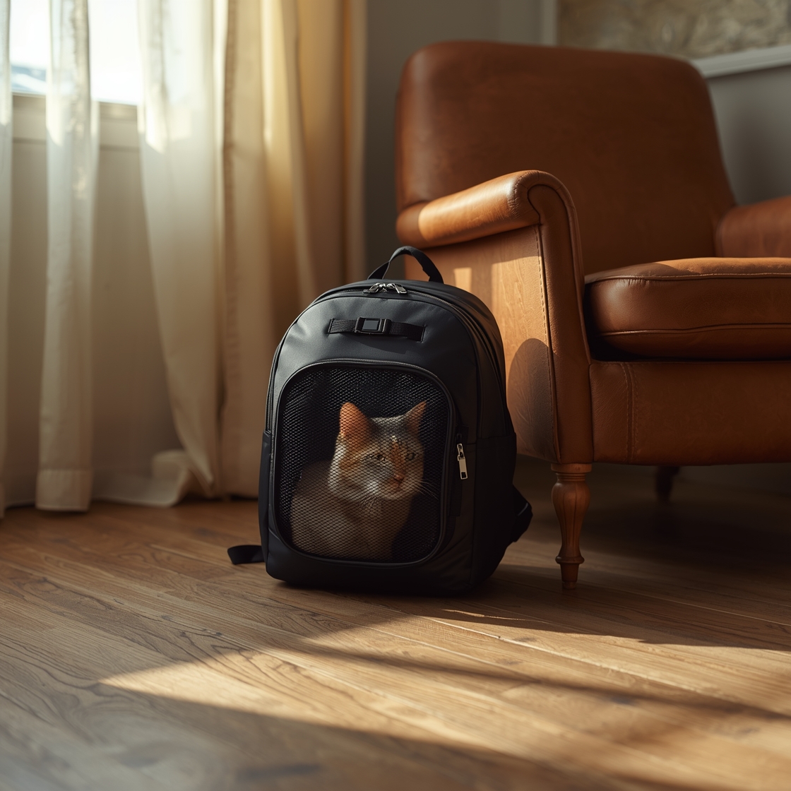 A ventilated cat backpack carrier on a wooden floor
