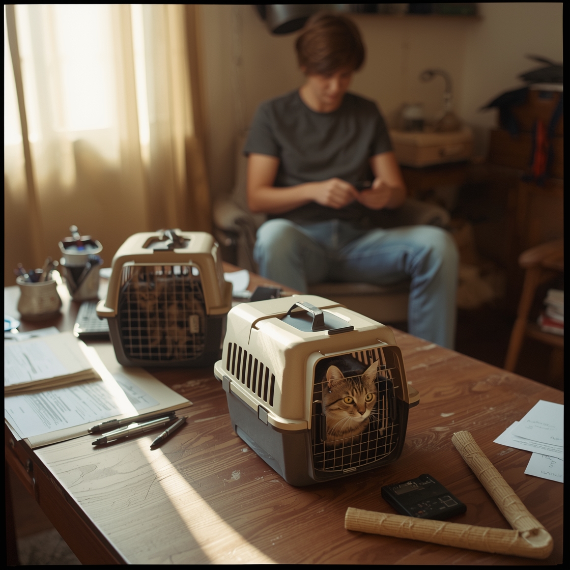 Home office workspace with cat backpack carriers and curious cat