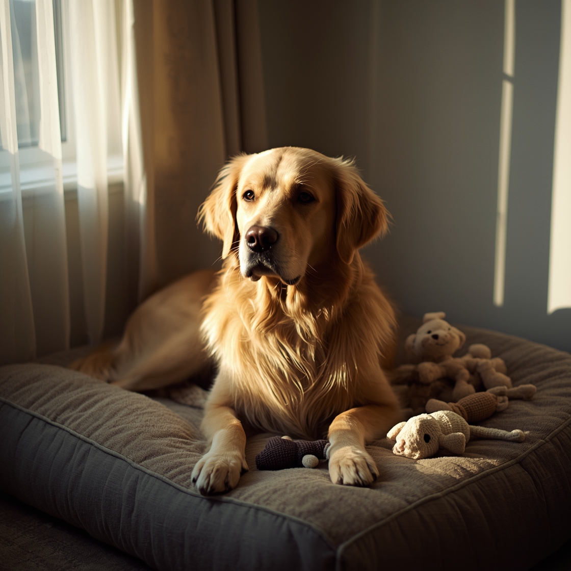 A senior golden retriever sitting comfortably on a dog bed