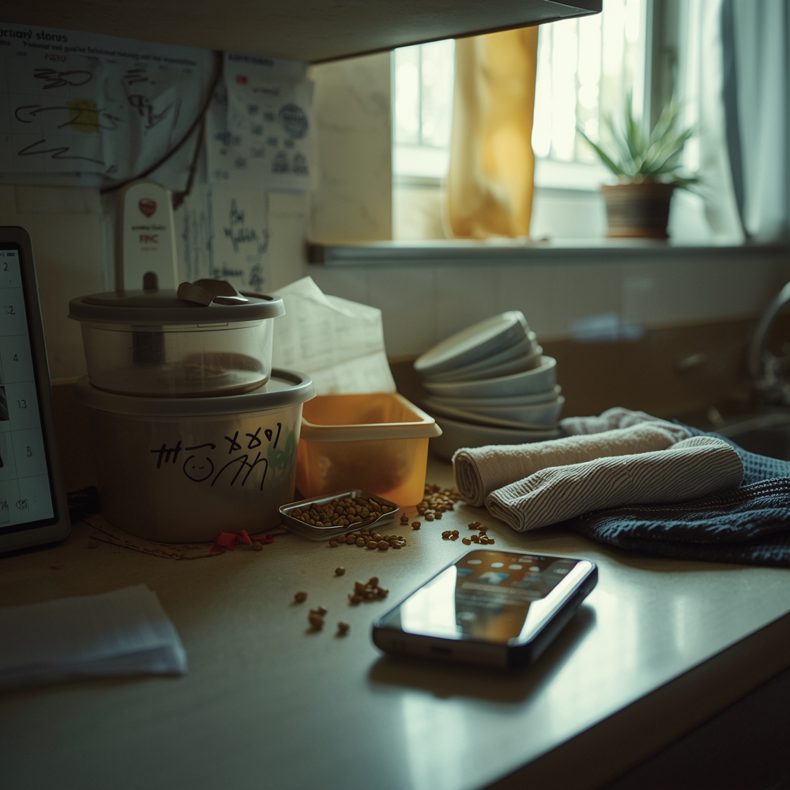 Cluttered kitchen counter with pet food and smartphone