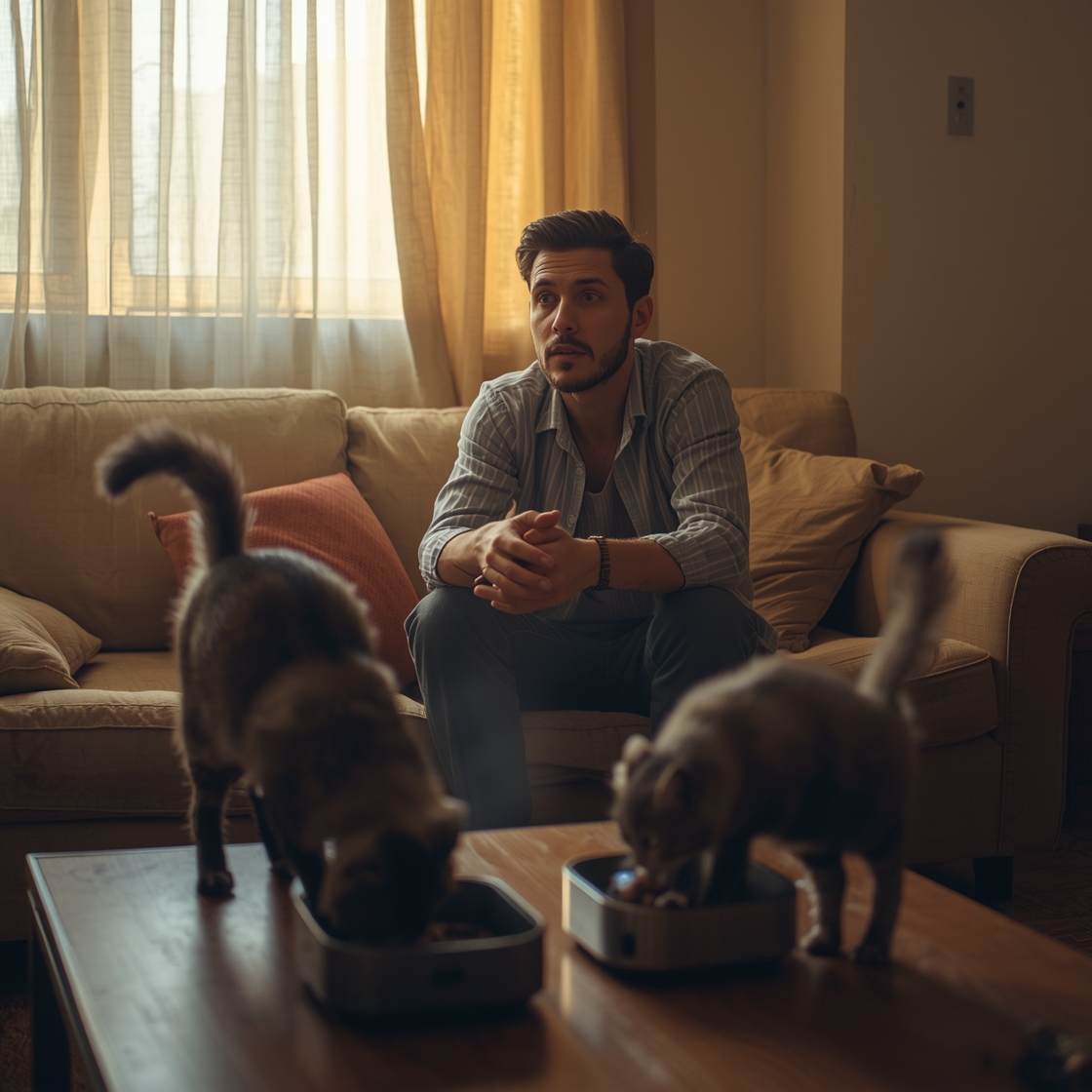 Concerned cat owner with automatic feeders and multiple cats