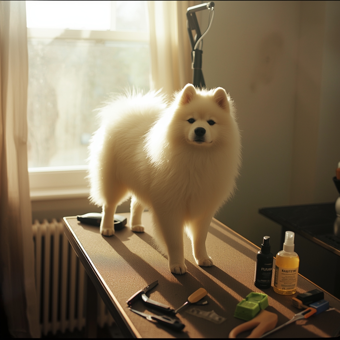 Fluffy white Samoyed dog on grooming table with tools