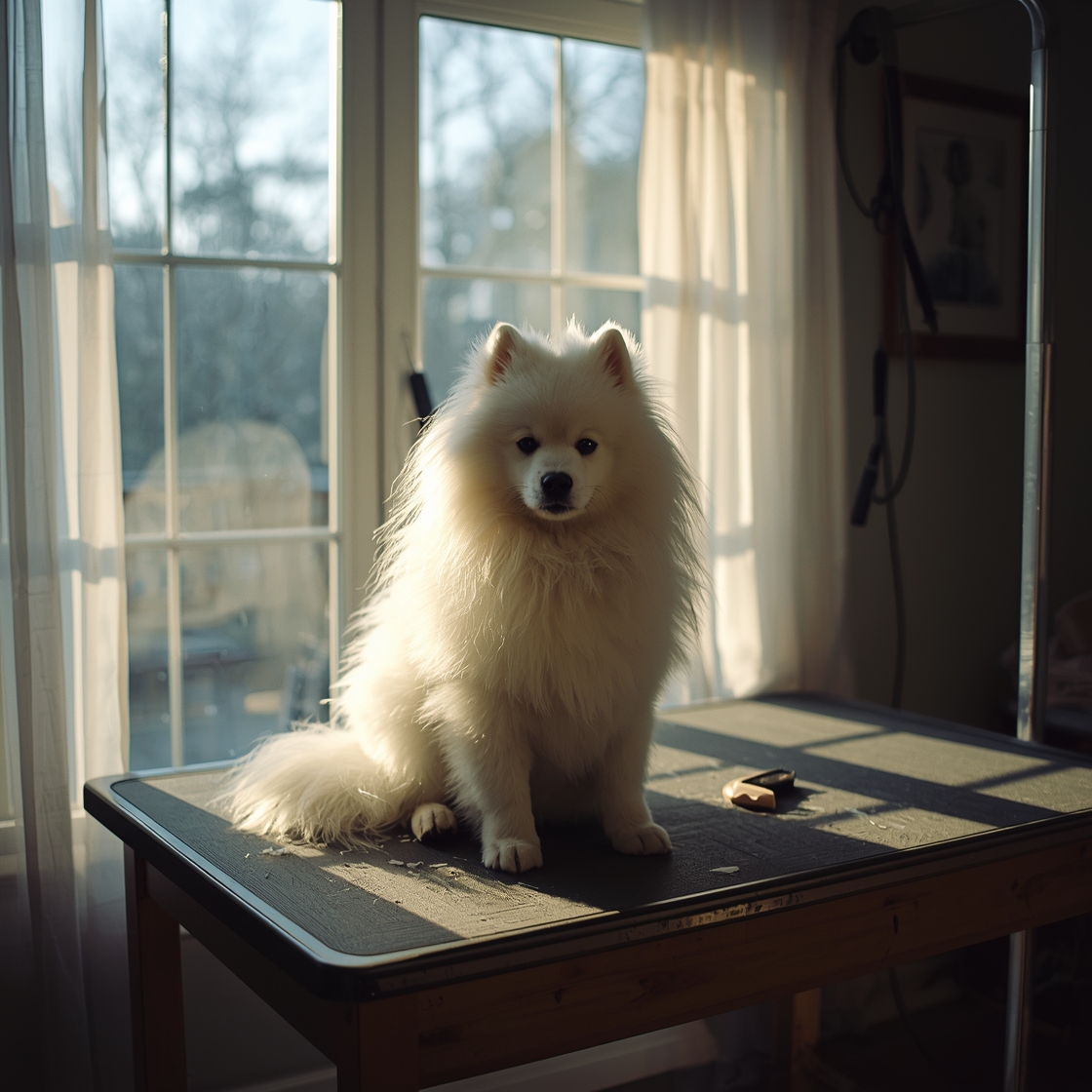 A fluffy white Samoyed with a tangled coat on a grooming table