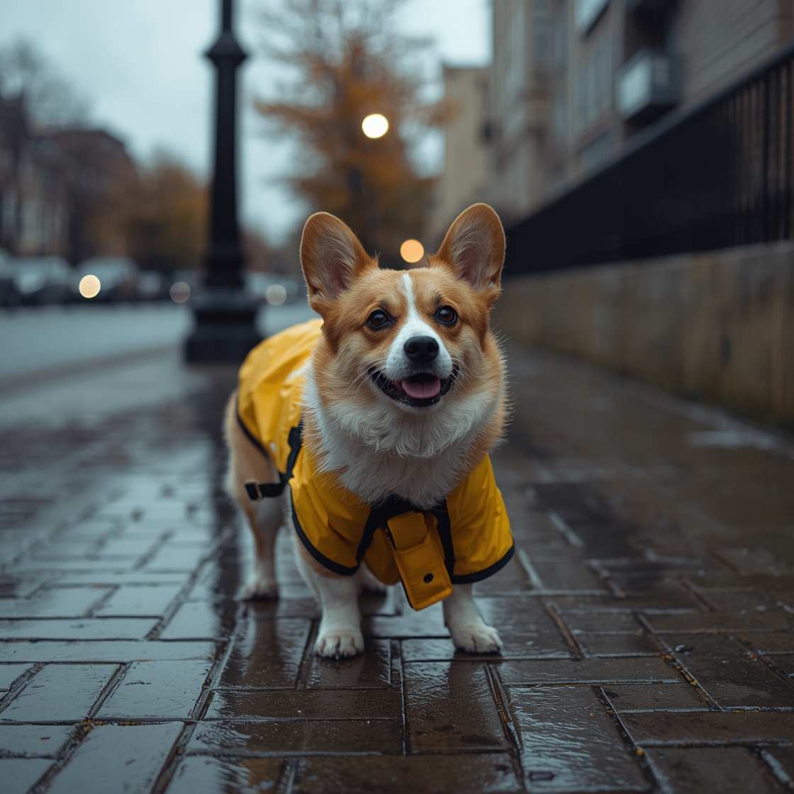 Corgi in yellow raincoat on wet sidewalk on rainy day