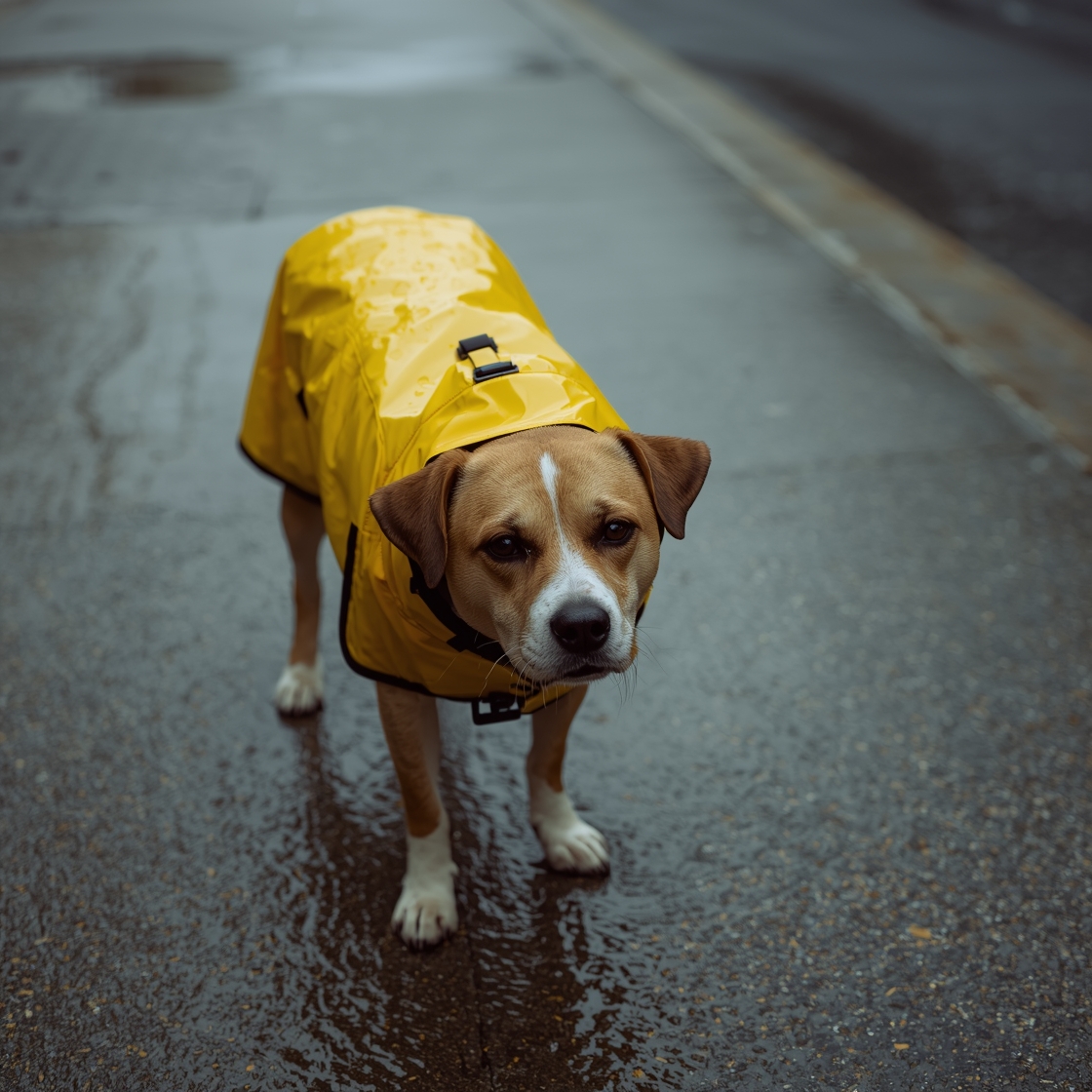 Medium-sized dog in yellow raincoat on wet sidewalk