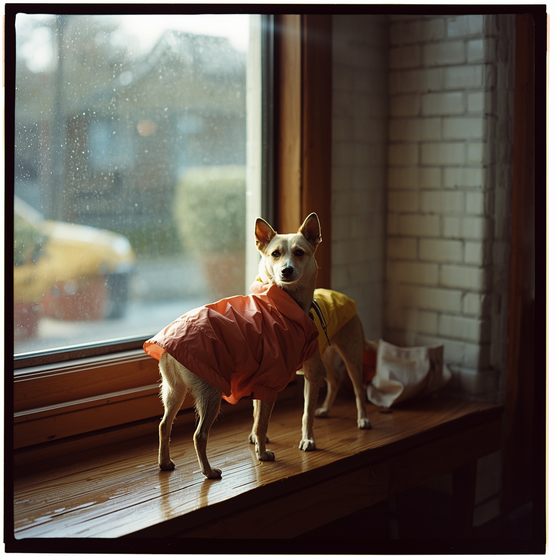 Two dog raincoats on a bench in a pet store window