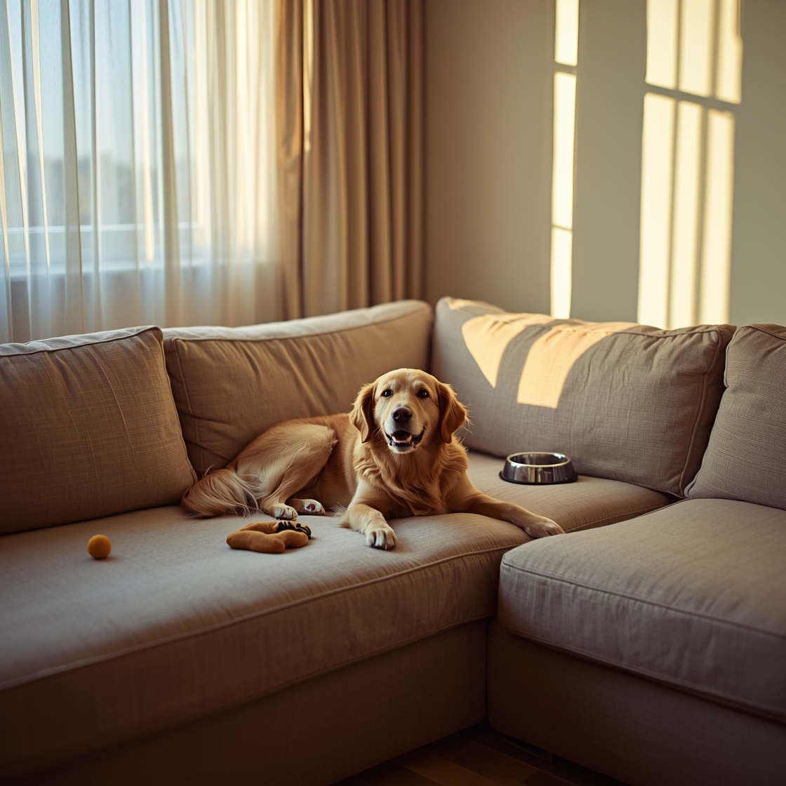 Waterproof pet couch cover on sofa with golden retriever