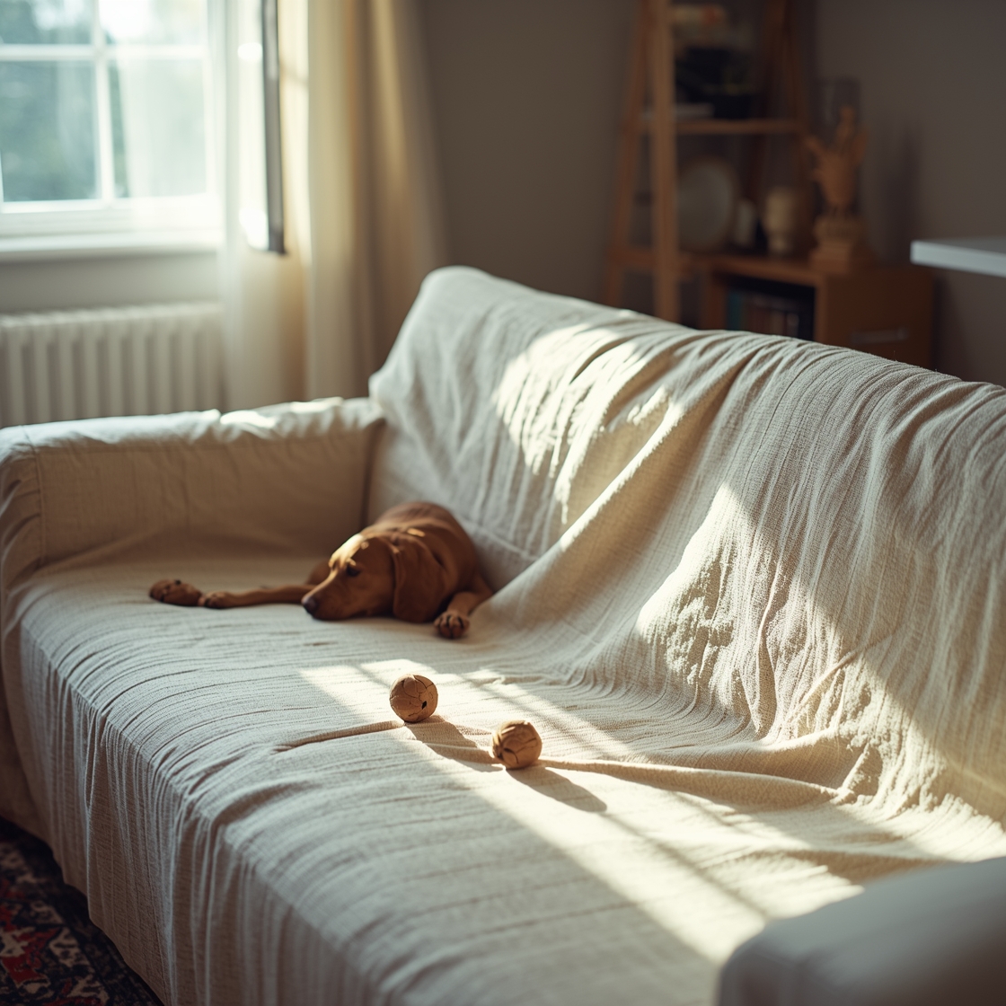 Waterproof pet couch cover protecting a beige linen sofa