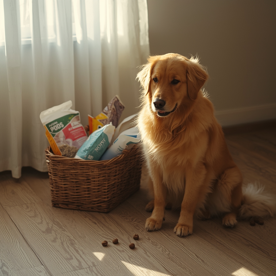 Golden retriever sitting beside dog food bags on wooden floor