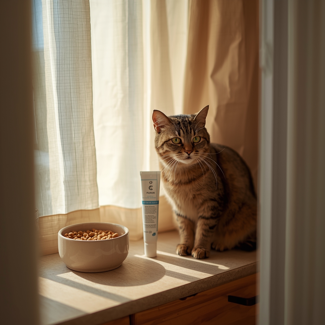 Cat toothbrush and toothpaste kit on bathroom counter