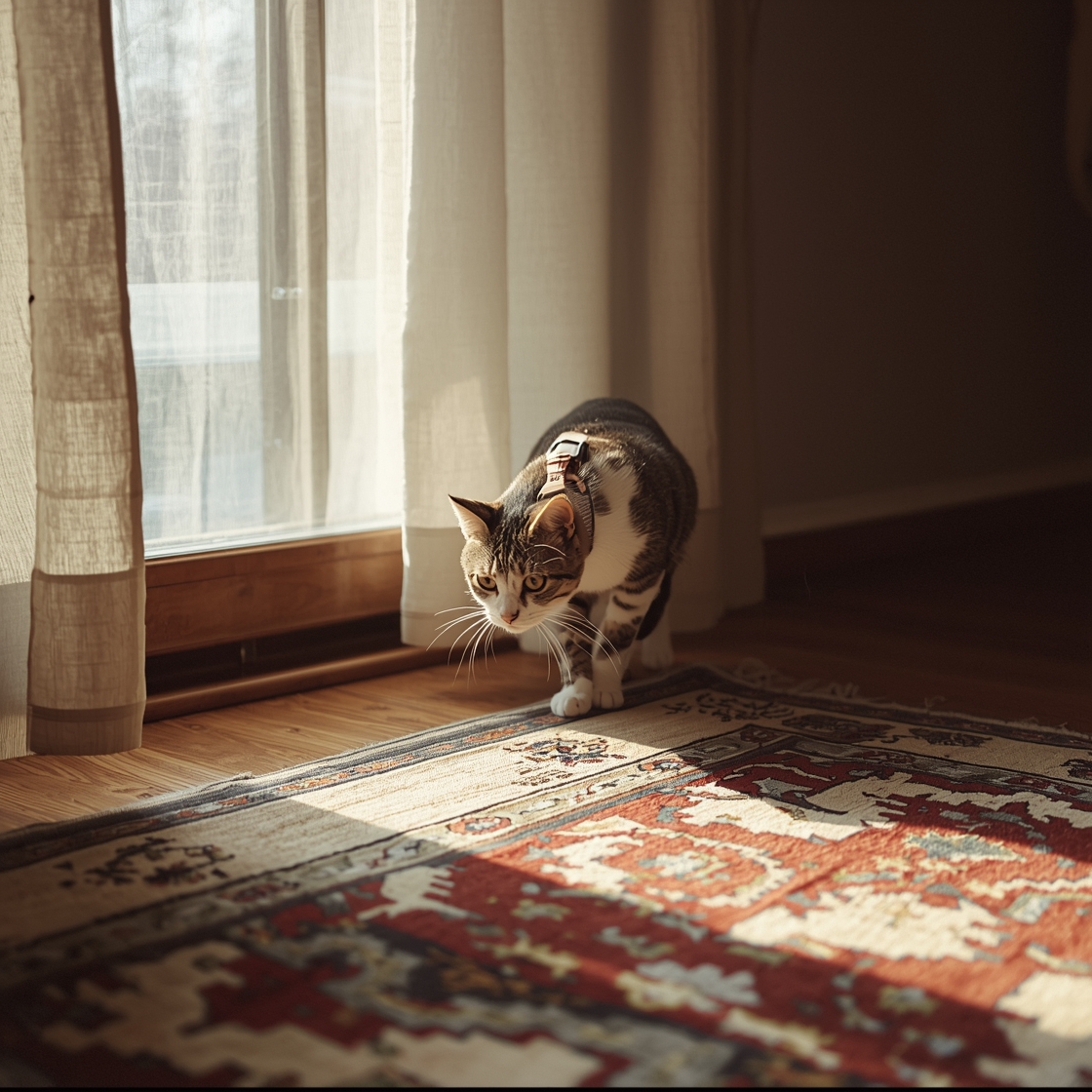 Curious tabby cat trying to escape from a cat harness