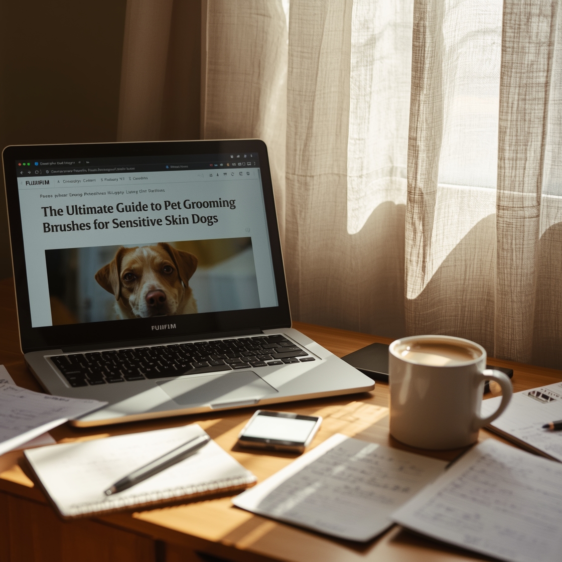 Desk with laptop and notes for pet grooming guide updates