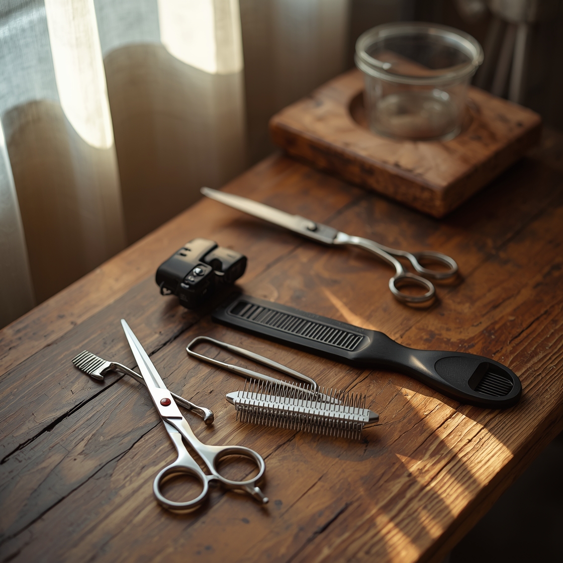 Pet grooming tools arranged on a wooden table