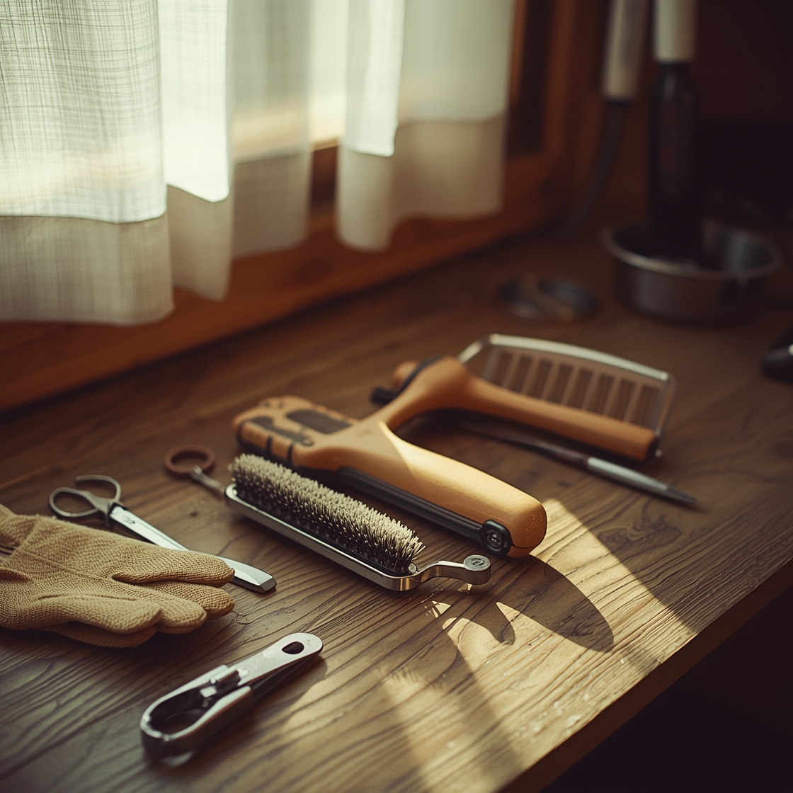 Pet grooming tools laid out on a wooden workbench