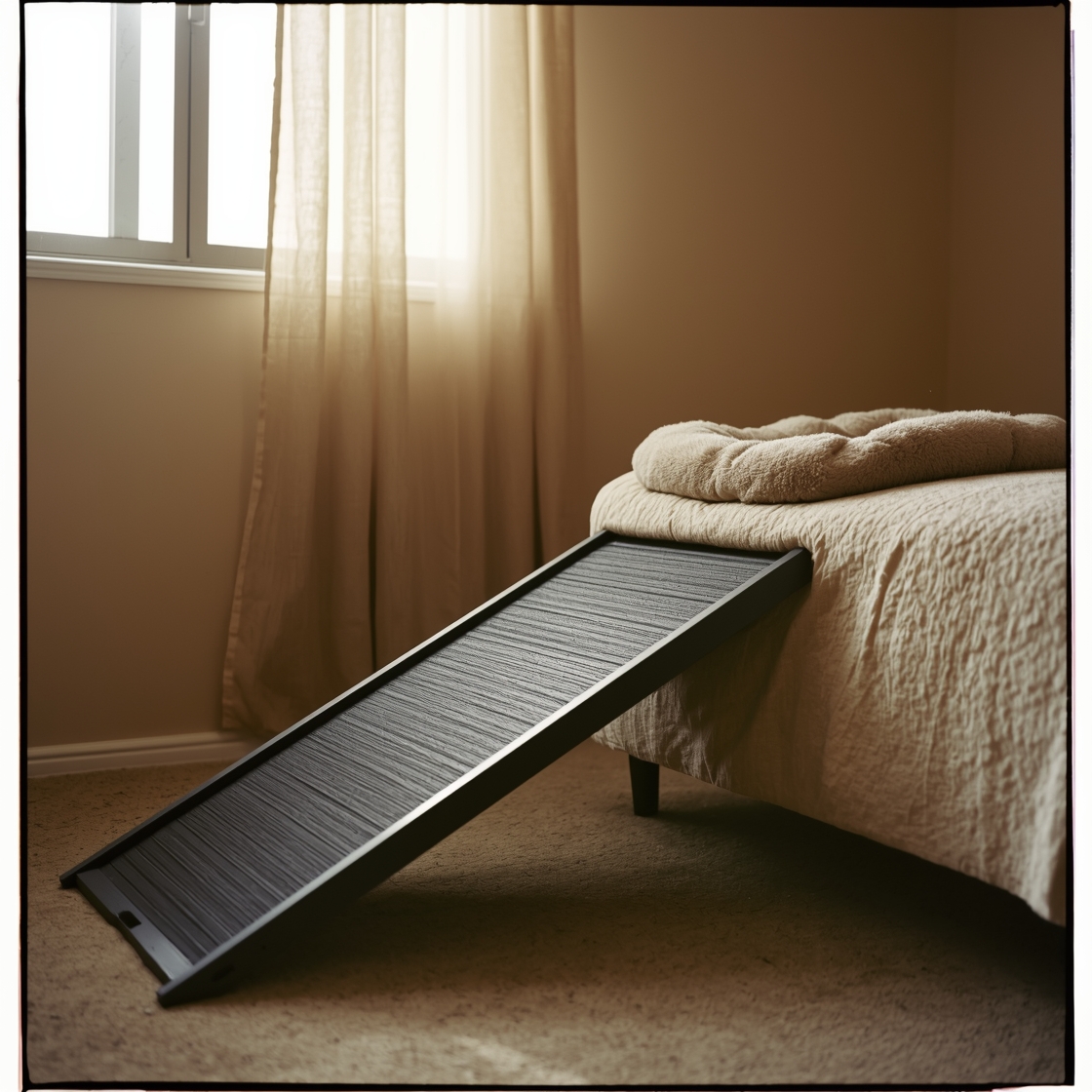 A dog ramp beside a bed in a cozy bedroom