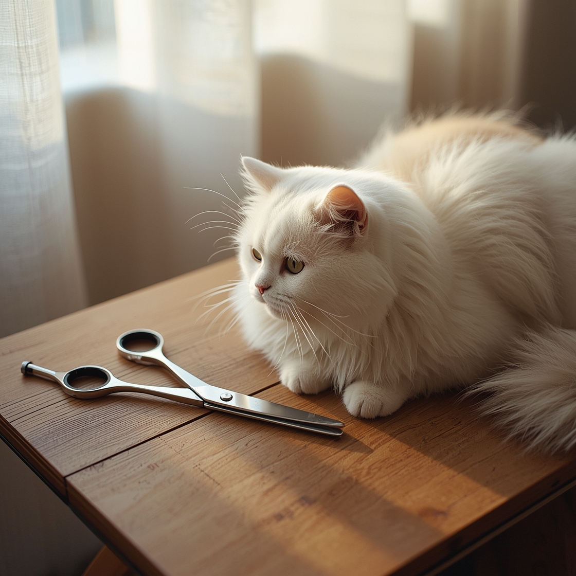 High-quality cat grooming scissors on a wooden table beside a fluffy cat