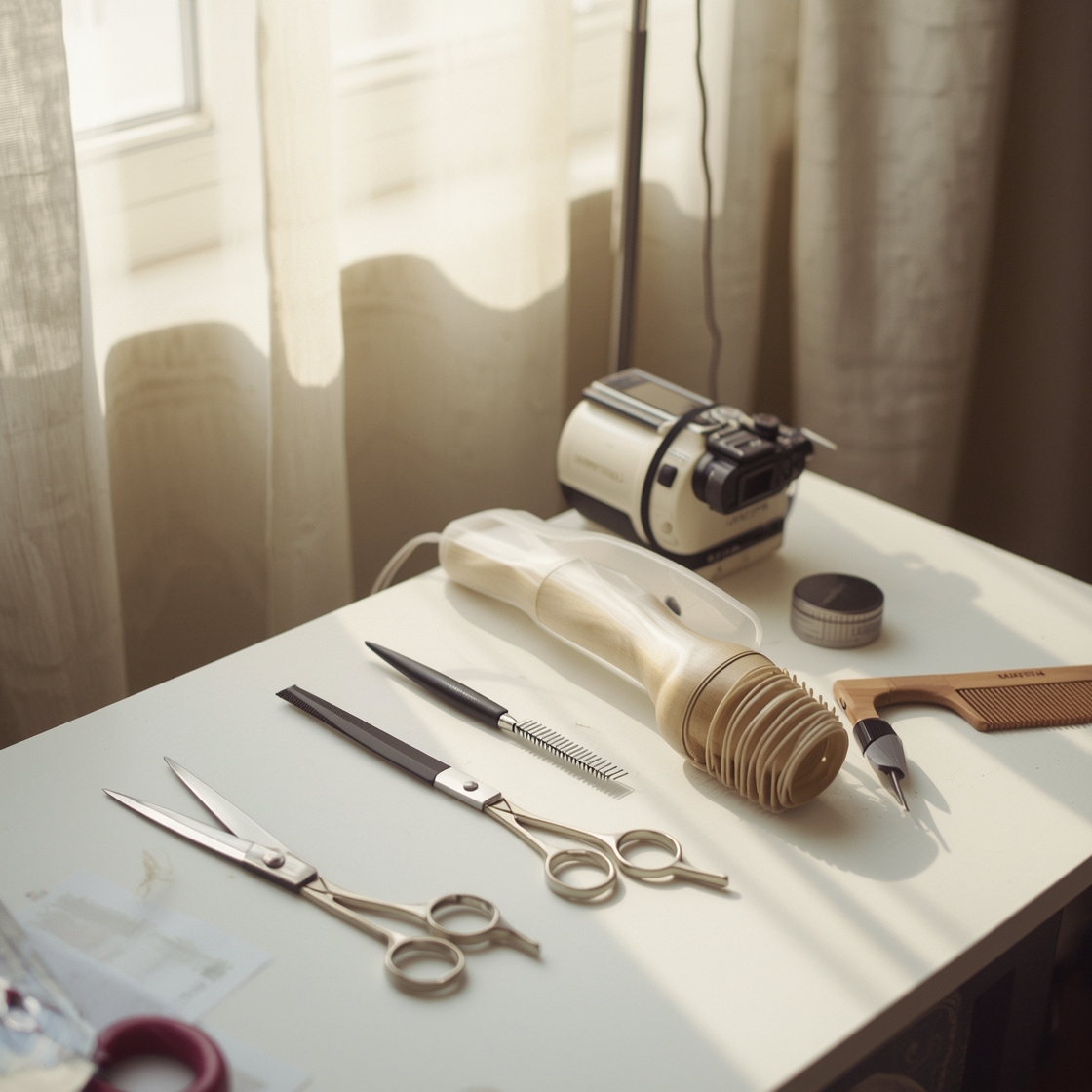Selection of cat grooming scissors on a workbench