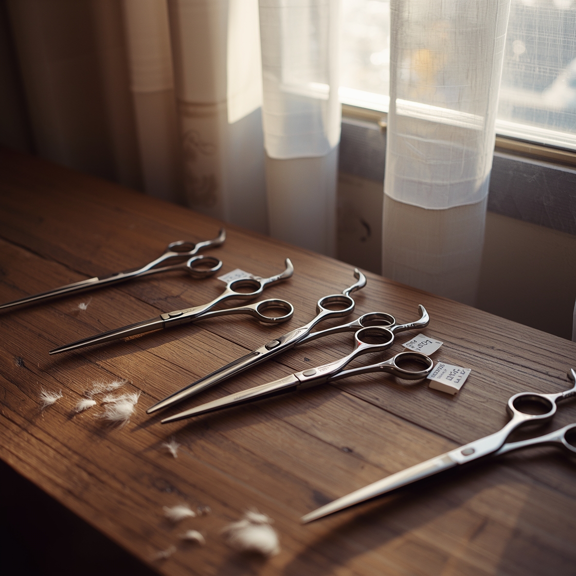 Cat grooming scissors price range comparison on wooden desk