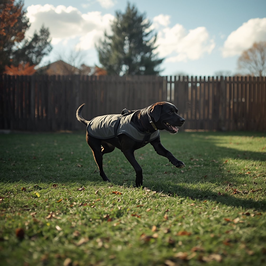 A Labrador Retriever mix runs in a grassy backyard wearing a dog cooling vest