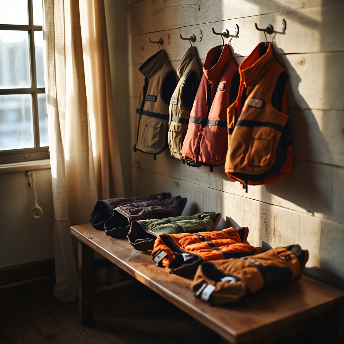 Dog cooling vests in various price ranges on a wooden bench
