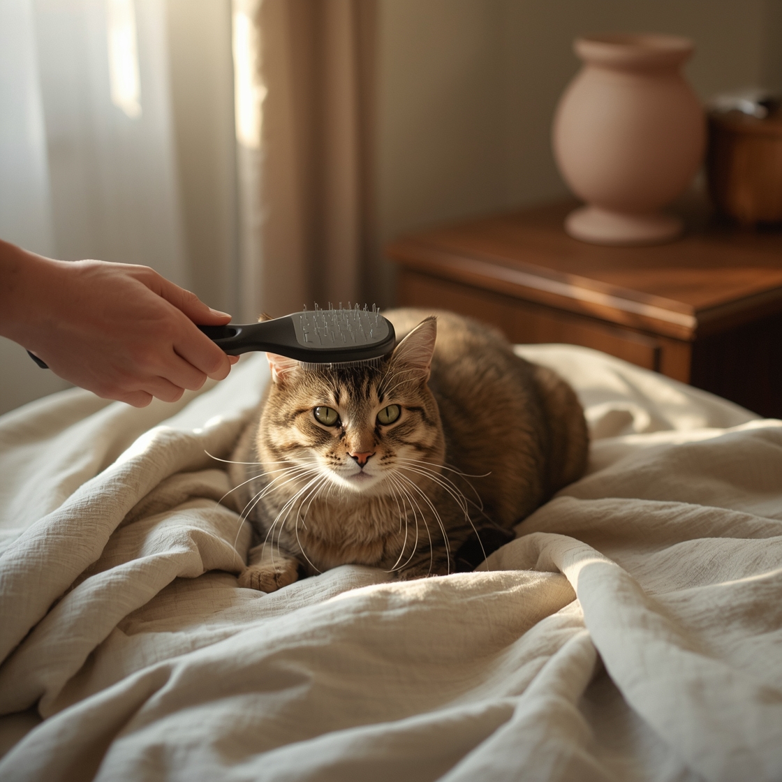 A tabby cat being brushed with a slicker brush on a throw blanket