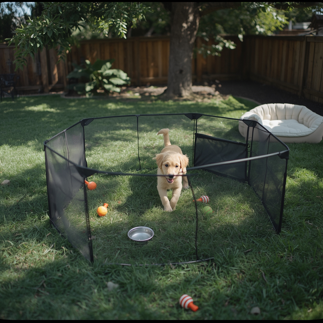 portable dog playpen for travel with happy puppy inside
