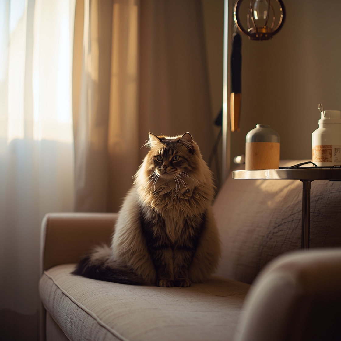 Long-haired cat sitting beside grooming tools on a plush couch