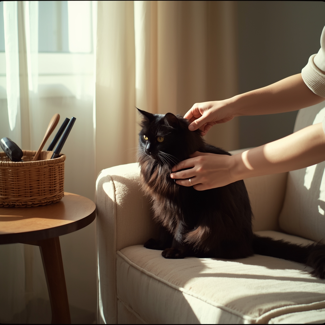 Long-haired black cat being groomed on a velvet sofa