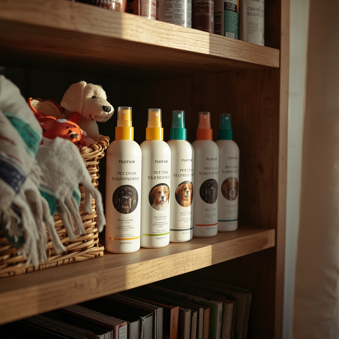 Pet odor eliminator sprays on a home shelf