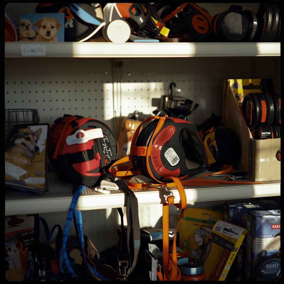 Retractable dog leashes on a cluttered pet store shelf