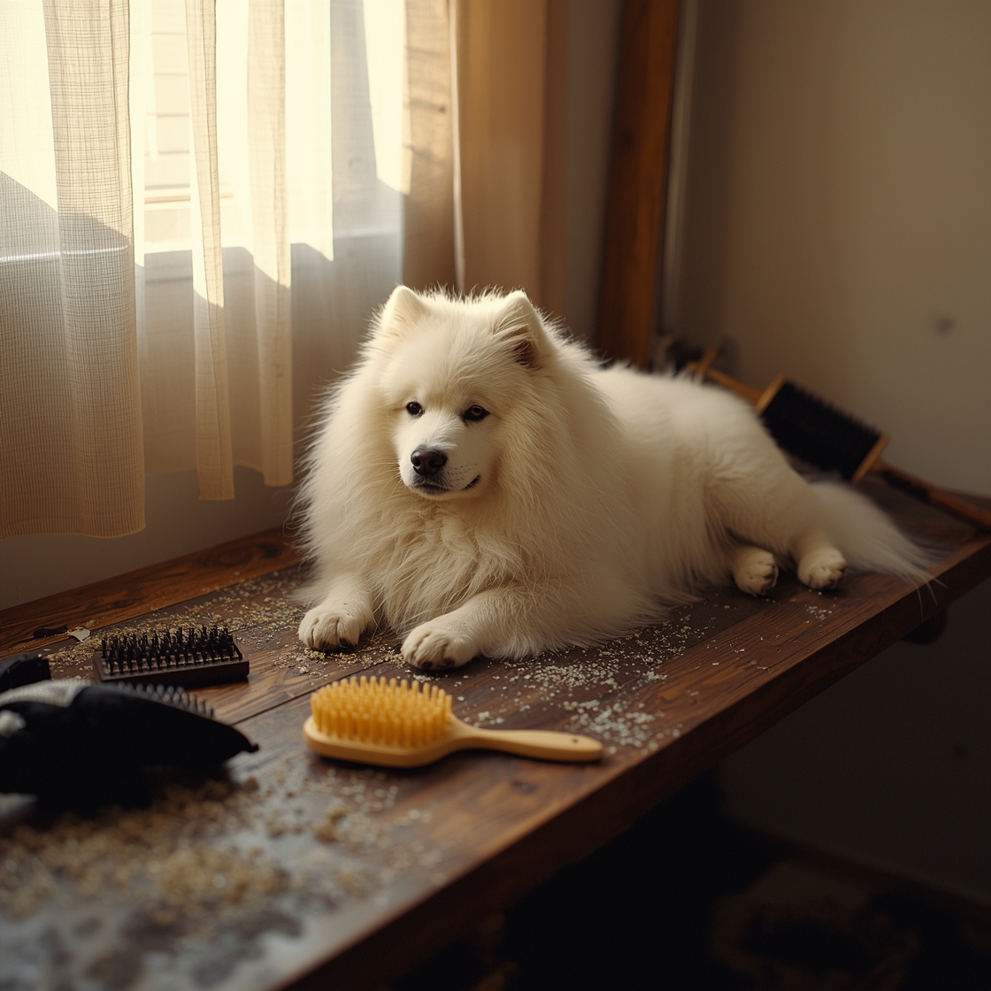 Dog grooming tools and brushes on a wooden table beside a Samoyed