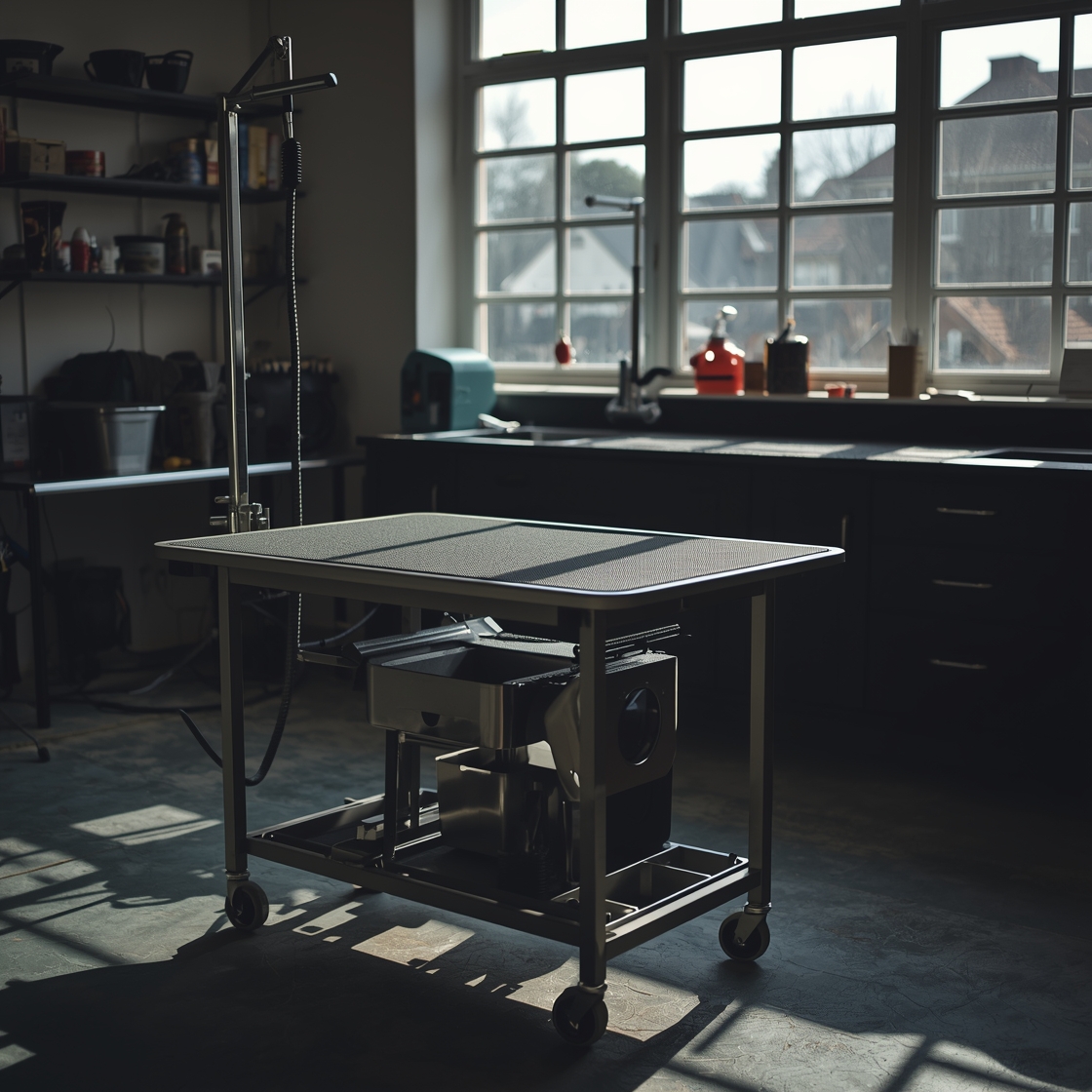 Dog grooming table with storage in a pet salon