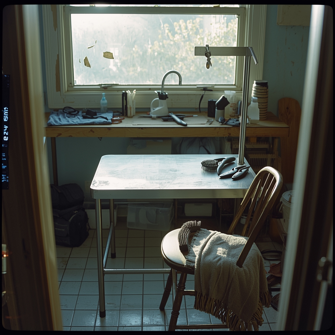 Cluttered pet grooming workspace with dog grooming table and tools
