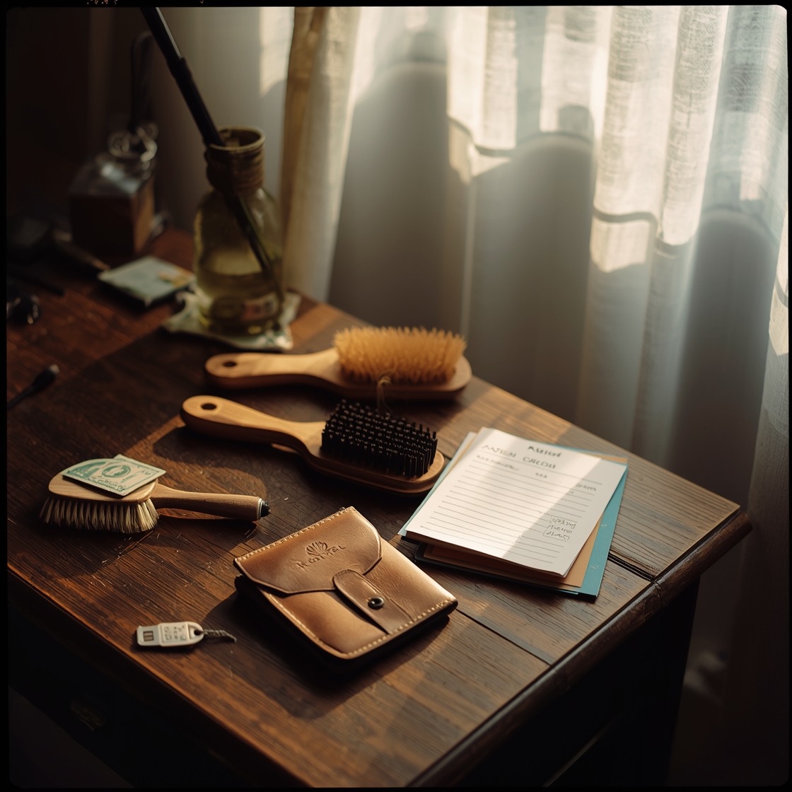 Cat grooming brushes and price list on a wooden table