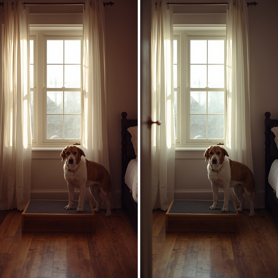 Foam and wooden pet stairs side by side for senior dogs