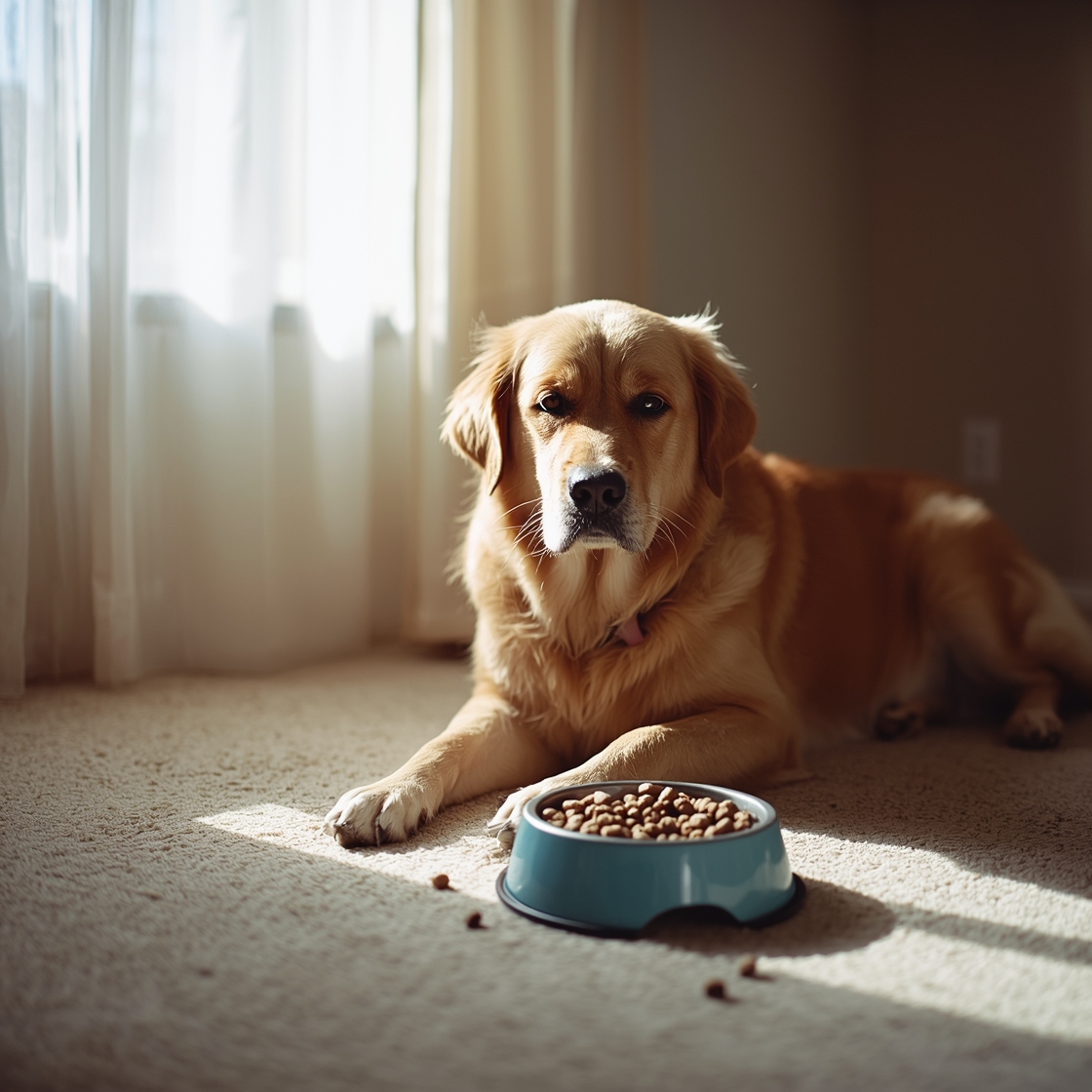 Overweight golden retriever mix sitting beside dog food bowl