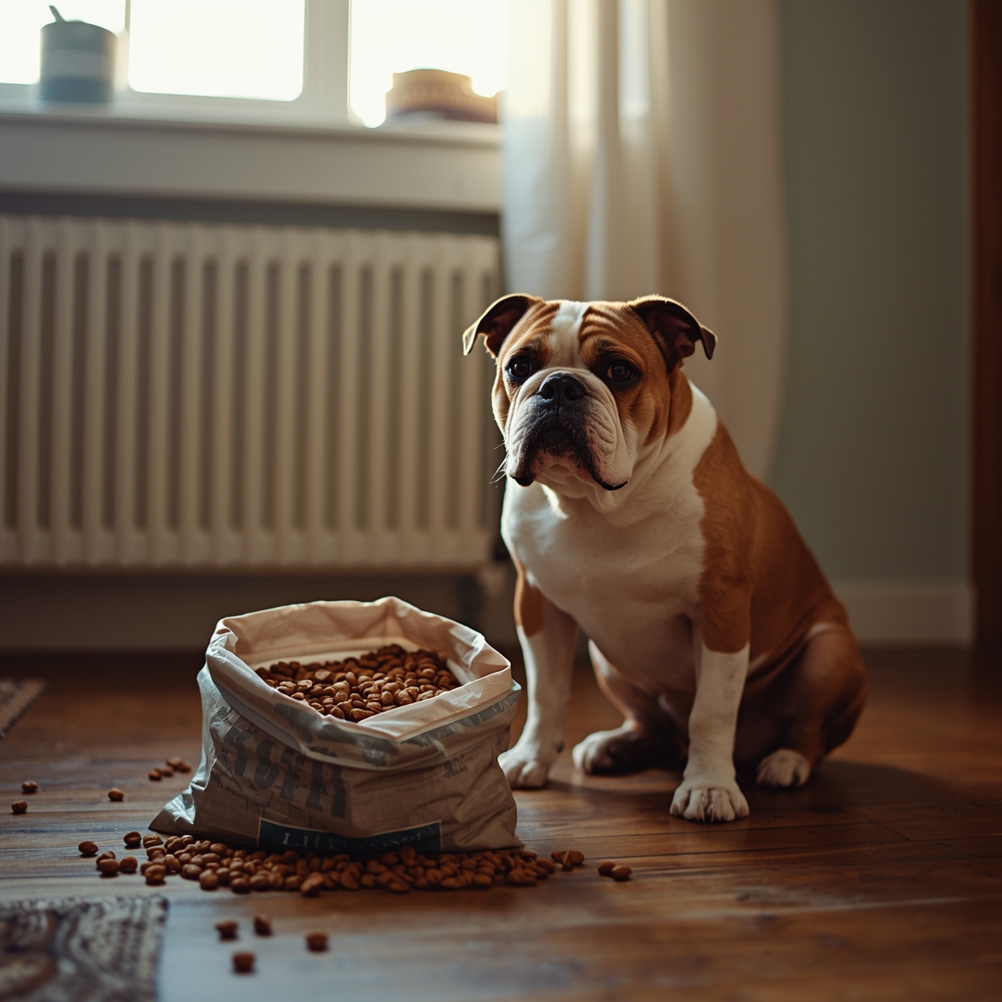 Bulldog sitting beside open bag of dry dog food on wooden floor