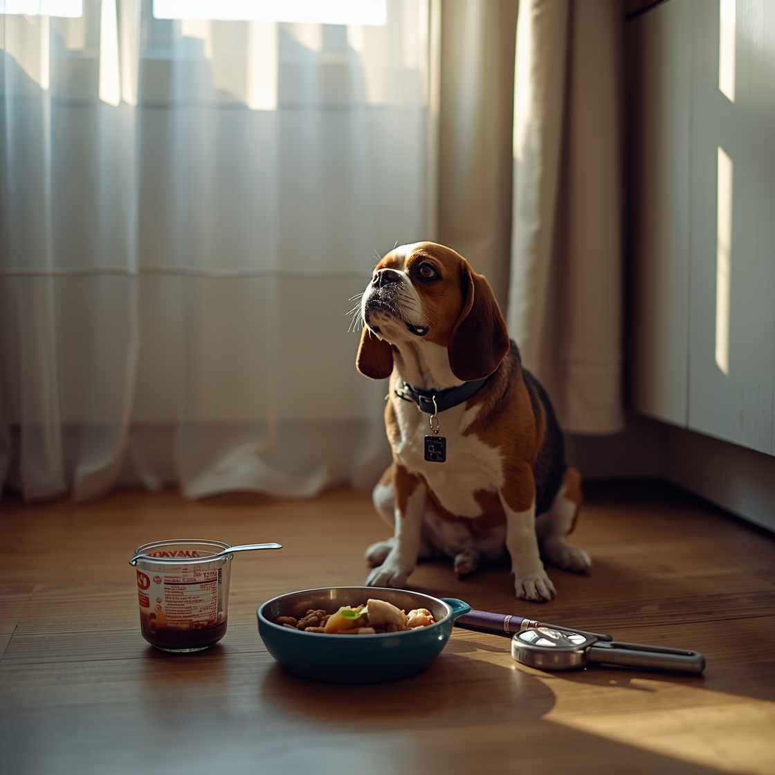 Overweight beagle looking up at bowl of healthy wet dog food
